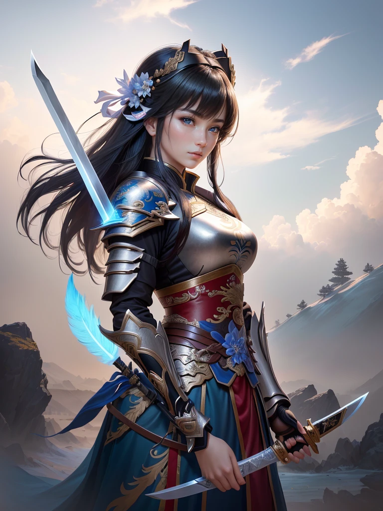 a woman in armor holding a sword and a feather, zhao yun, by Ju Lian, by Qu Leilei, chinese warrior, inspired by Shen Zhou, inspired by Li Mei-shu, by Li Zai, g liulian art style, a beautiful woman warrior, inspired by Li Rongjin, inspired by Ju Lian, beautiful character painting, xianxia hero, Highly detailed CG unit 8k wallpaper, masterpiece, High resolution, highest quality, highest quality real texture skin, Super Real, Digital Painting, Best image quality, 最High resolution, 8k, ((Highly detailed eyes and face, Beautiful eyes every detail)), smile, black hair, profile, Backless clothing, Big Ass, 