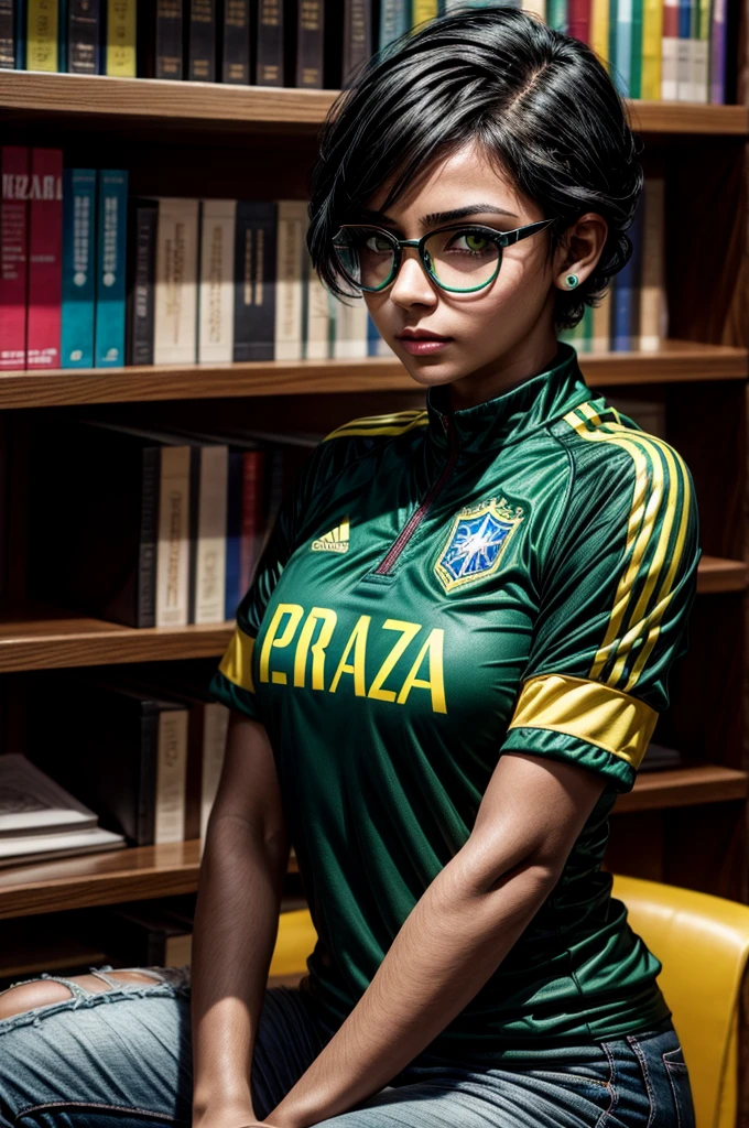 1 latina girl, black hair, short hair, updo hair, Brazil national team shirt, round eyewear, glasses, library, green eyes, solo, leaning towards viewer, black eyeliner