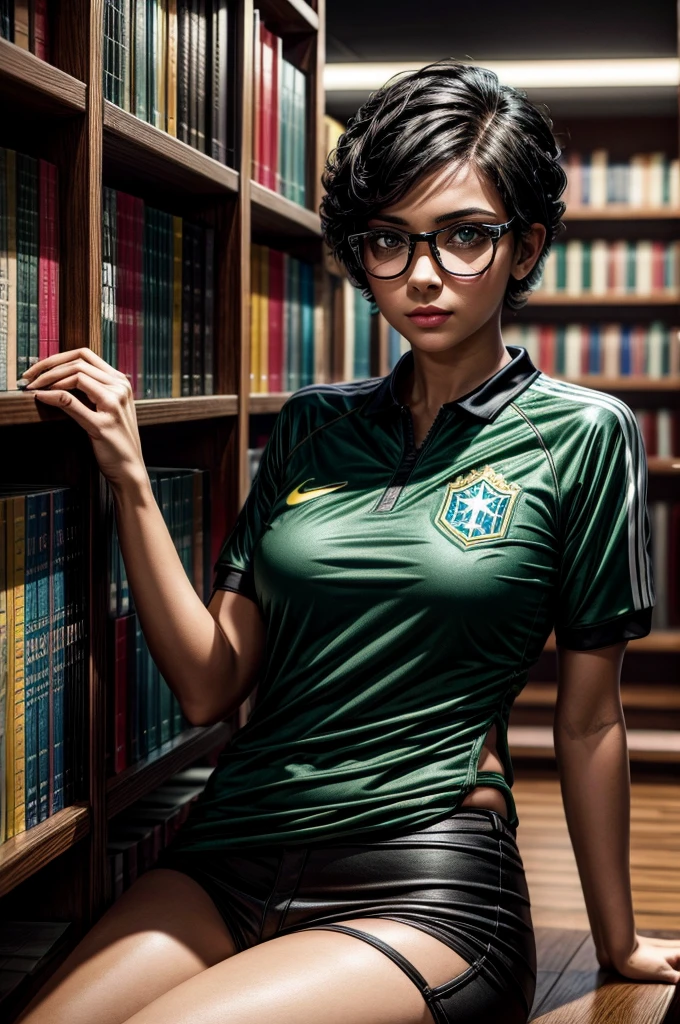 1 latina girl, black hair, short hair, updo hair, Brazil national team shirt, round eyewear, glasses, library, green eyes, solo, leaning towards viewer, black eyeliner