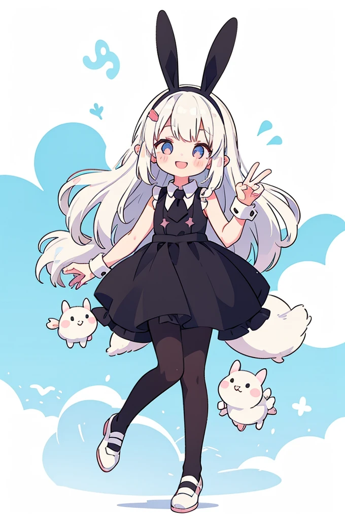 A girl with striking white hair、Rabbit ears and tail、Hair accessories、Black hose、sleeveless、Smile、Cute shoes and accessories、Holding a&#39;Knees