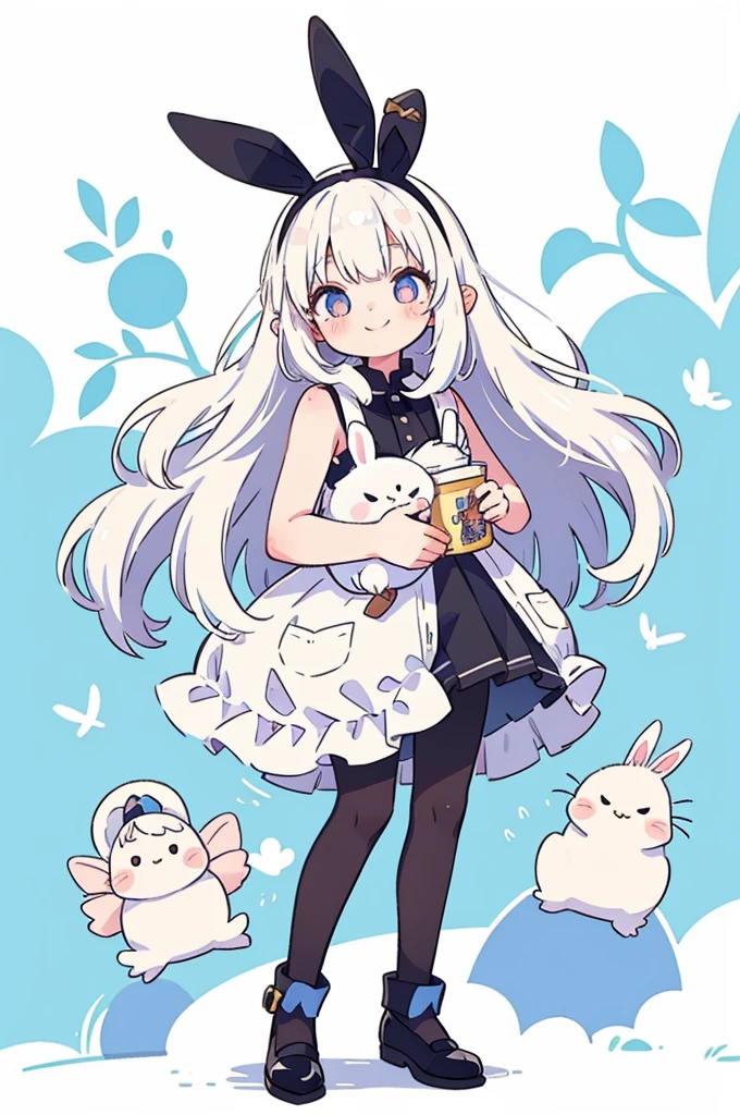 A girl with striking white hair、Rabbit ears and tail、Hair accessories、Black pantyhose、sleeveless、Smile、Cute shoes and accessories、Holding a'Knees