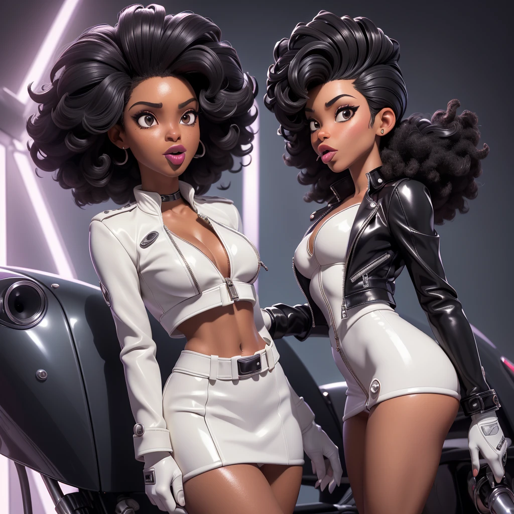 obra prima, melhor qualidade, ((two woman only,)) ((sage steele, dark black skin, brillo afro style hair, thin lips, shiny pearl lipstick,)) head back, ((sexy sultry wicked look, open mouth, pucker mouth,)) ((wearing shiny periwinkle pvc biker blazer,)) ((jacket is unzipped and wide open, small breasts, nip slip,)) jacket has padded puff shoulders, shiny leather gloves, ((shiny cream white micro mini pvc skirt,)) body is skinny, shiny tight buttocks, ((in luxury convertible, sexy tongue kissing, stick shift between legs,)) (camera view of whole body,) looking up at me, shallow depth of field, highres, HD, 8k, anatomically correct