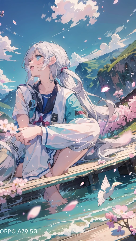 (masterpiece),  scenery,  mountainous horizon,  cherry blossoms,  petals,  light particles,  upper body,  1girl,  sailor,  wavy hair,  floating hair,  smile,  sitting,  open mouth,  light particles,  silver hair,  aqua eyes,  looking at viewer,  face focus