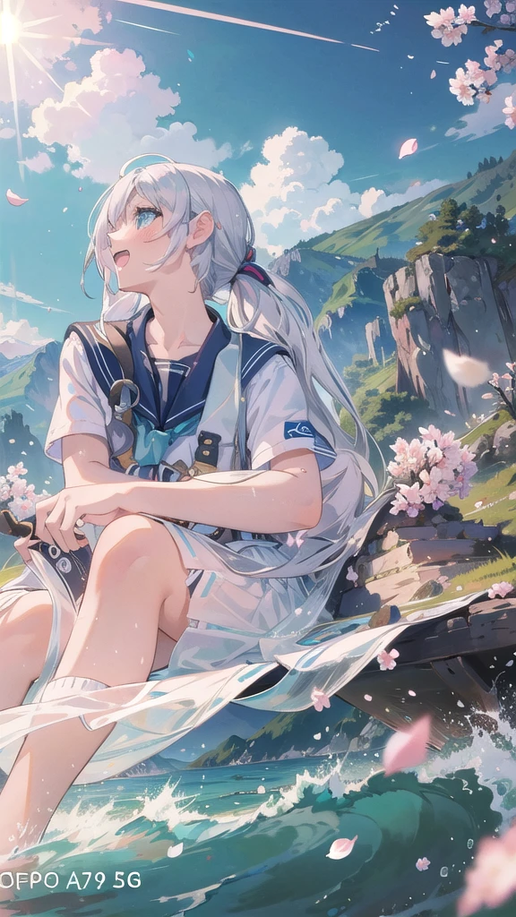 (masterpiece),  scenery,  mountainous horizon,  cherry blossoms,  petals,  light particles,  upper body,  1girl,  sailor,  wavy hair,  floating hair,  smile,  sitting,  open mouth,  light particles,  silver hair,  aqua eyes,  looking at viewer,  face focus