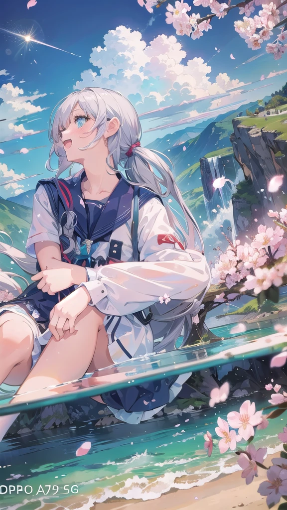 (masterpiece), scenery, mountainous horizon, cherry blossoms, petals, light particles, upper body, 1girl, sailor, wavy hair, floating hair, smile, sitting, open mouth, light particles, silver hair, aqua eyes, looking at viewer, face focus