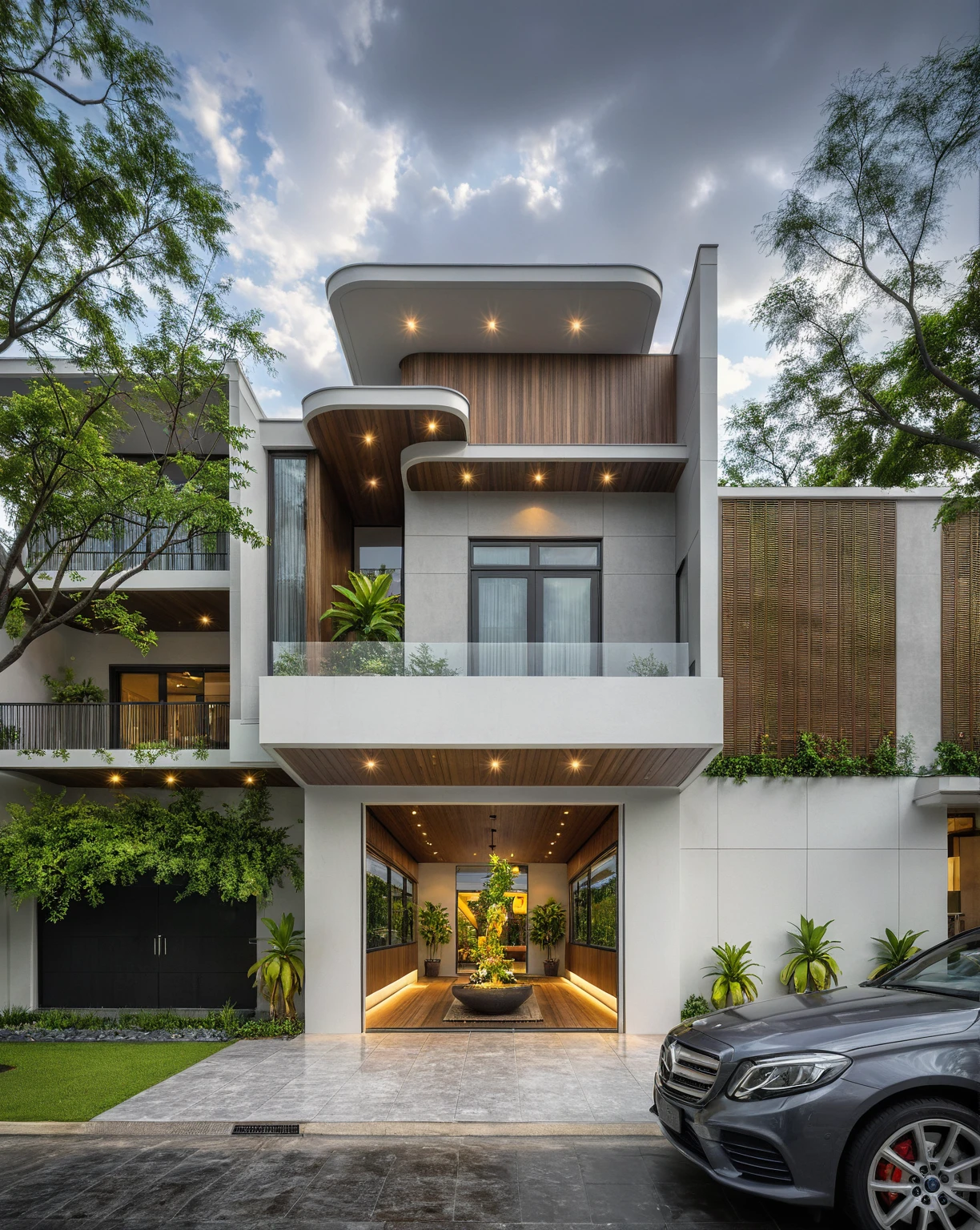 modern villa on street, (overcast lighting:1.2), tropical tree, vivid color, streetcapes, nice sky, grey and wwhite tone, (large glass door:1.2), warm interior lighting, modern material, best quality, ultra realistic, masterpiece, 17ArchiAI_XL_VL-v1