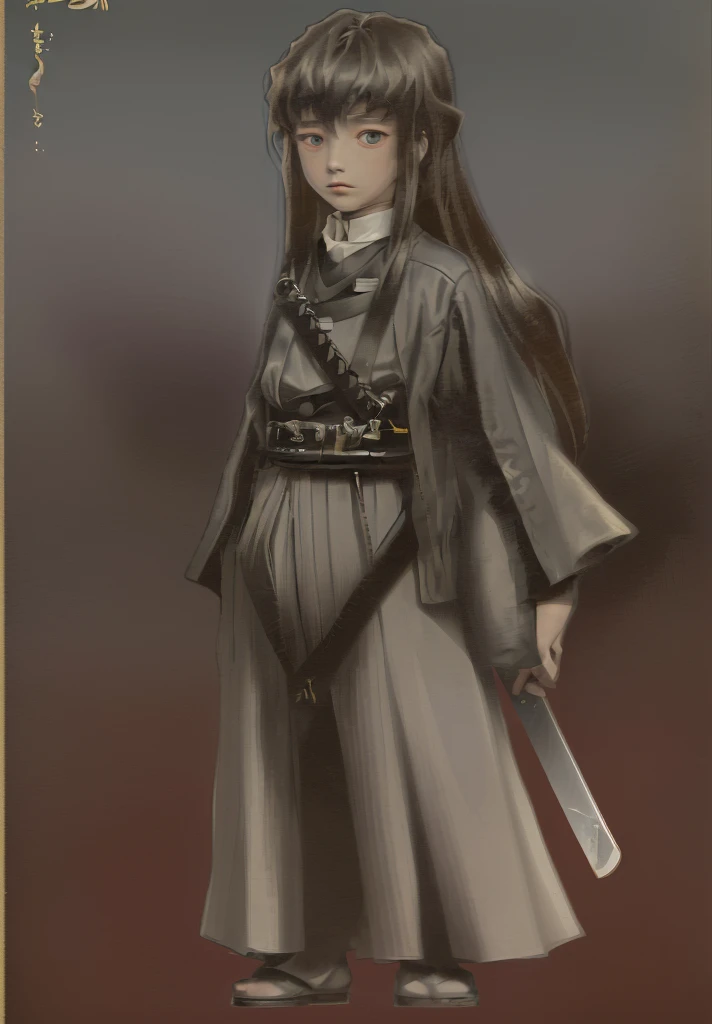 surrealistic, 8k, realistic photo, details, 1912s, 14 year old youth, beautiful eyes, sword at waist, beautiful boy with long hair, swordsman, old portrait photo from 1912, Demon Slayer, Muitiro Tokitou , samurai, simple background,