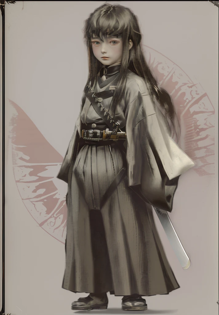 surrealistic, 8k, realistic photo, details, 1912s, 14 year old youth, beautiful eyes, sword at waist, beautiful boy with long hair, swordsman, old portrait photo from 1912, Demon Slayer, Muitiro Tokitou , samurai, simple background,