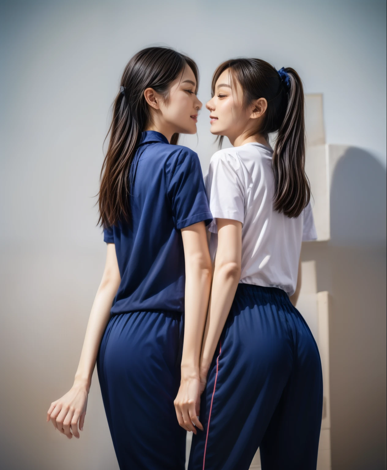 (best quality,10,10,height,Masterpiece:1.2),Special details,(realistic,ภาพrealistic,Realistic photos:1.37),1 Cute girl in the kitchen,shiny, ผิวshiny,only,smile softly,BDclothelue shirt:1.3)),short sleeve,shirt, กางเกงขาlong.,(navy_long_track pants:1.1), ((Kitchen Background)),Dynamic angle,excited,Face focus,dynamic poses,from behind,focus on ass,Masterpiece, best quality, ultra realistic, hyper detail, 8k resolution, raw photos, Sharp focus, ((Navy blue shirt:1.1)), short sleeve, เส้นทางlong, perfect body, 2 mature women, 18 years old, Cinema-grade lighting system,blue sweatpants,shirtผ้าออกกำลังกาย,correct ???????,perfect body, correct body, Sharp face, correct bodyทางกายวิภาค, full body, realistic gestures, long-haired, realistic poses,Wear long shorts...........................,ช่วงขาlong,Good shape,carved girl, Slender figure, model, Good shape, beautiful body,blue sweatpants, two girls kissing