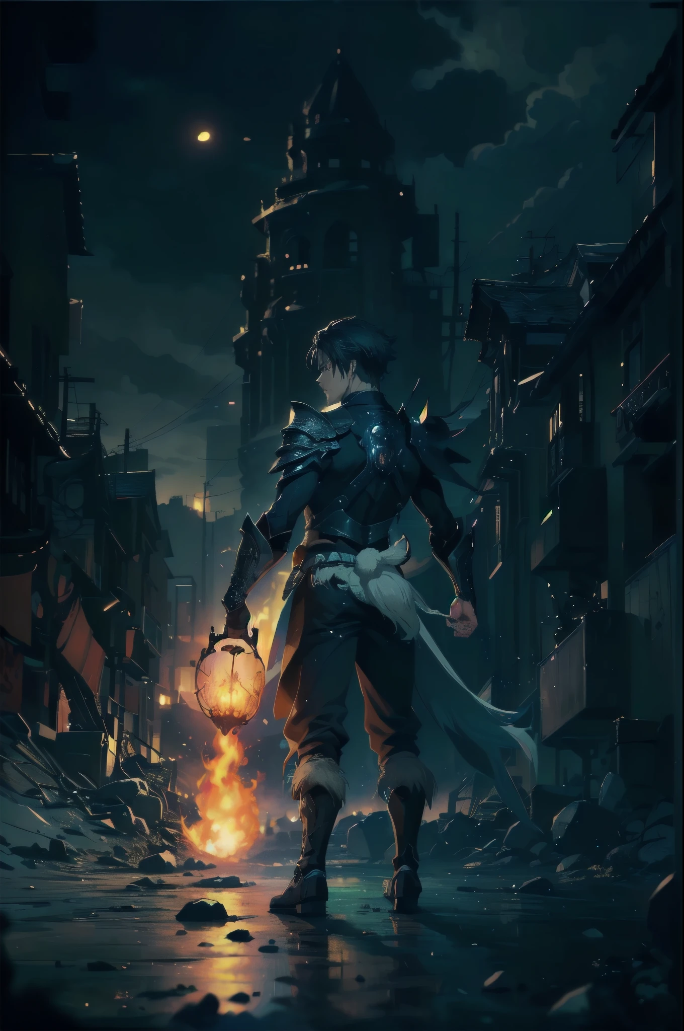 (absurdities, High Resolutions, ultra detailed, HDR), Masterpiece, The best quality, final fantasy xvi, clive rosfield, 1man only, handsome, short hair, black hair, vibrant blue eyes, fine eyes and detailed face, (((fire, llamas, To his back)) armor, ((Intricate weapon)). Final Fantasy, clive rosfield,, abs, badass pose, Anime boy with hands on head, Beautiful anime pose, Anime hombre handsome, anime male character, Badass Anime 8K, Detailed anime character art, HDR Anime MacManus Anime Concept, anime boy, Ikuto Yamashita, CG anime soft art, manga wallpaper 4k, inspired by Yamagata Hiro, anime wallaper