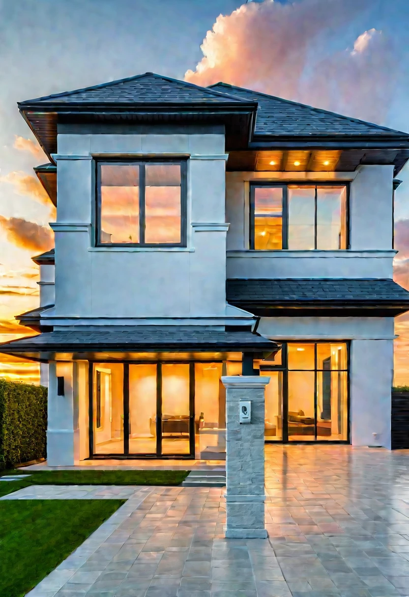 Modern house, beautiful view, wide windows, ((white wall)), (glass railing), surrounded by trees, lawn, walkway, large paved stone yard, (large sliding glass door), road straight, light sunset, neutral light, beautiful sky, cloudy, landscape, plain terrain, RAW photo, subject, 8k uhd, dslr, soft light, high quality, grain cup, Fujifilm XT3
