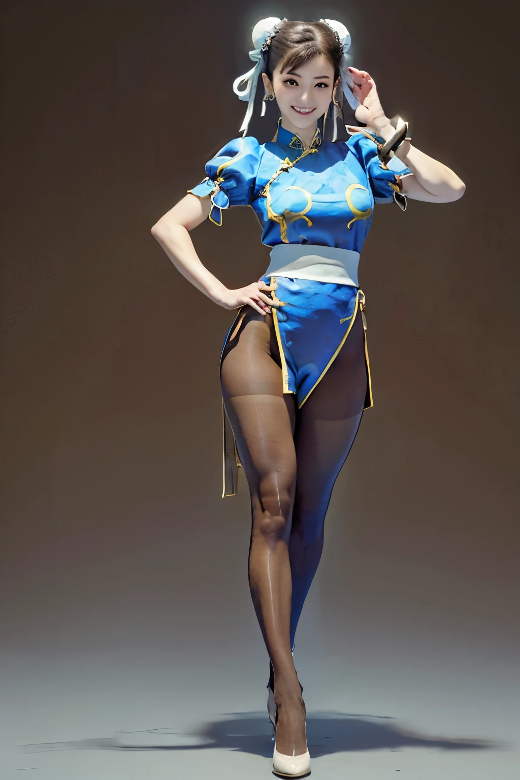 (((full body:1.4,simple background:1.4),Chun-Li from Street Fight II,perfect chun li costume,Blue cheongsam with gold lines,Bun head,bun cover,fighting pose,masterpiece、1 beautiful girl、fine eyes、puffy eyes、highest quality, 超High resolution, (reality: 1.4), movie lighting、Japanese、asian beauty、Korean、super beautiful、beautiful skin、body facing forward、(超reality的な)、(High resolution)、(8k)、(very detailed)、(美しくfine eyes)、(Super detailed)、 (wall-)、detailed face、bright lighting、professional lighting、looking at the viewer、look straight ahead、slanted bangs、Nogizaka Idol、korean idol、masterpiece, highest quality, masterpiece, highest quality, perfect face, perfect brown eyes with white sclera, alone, 1 girl, brown hair, From SF2, Chinese service, smile, muscular woman, blue clothes, pantyhose, pelvic curtain, Puffy short sleeves, Good cover, sash, evaluation:safety