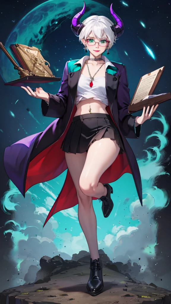 8k, masterpiece, best quality, highly detailed, 1 girl, tiefling, warlock, multicolored hair, very short straight hair green highlight hair on white hair, strippled hair, wearing glasses, round glasses, earrings, navel piercing, miniskirt, red eyeshadow, long eyelashes, blushed cheek, red lips, necklace, rings, collarbone, mole, glamorous, teal clothing, purple clothes, smirk, fullbody view, rings, looking at viewer, demon horns, solo, nightmarish landscape, blue pale moon, standing, cosmic horror, decaying, holding books
