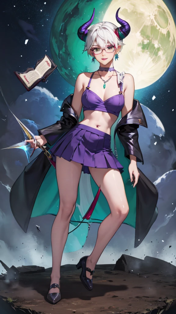 8k, masterpiece, best quality, highly detailed, 1 girl, tiefling, warlock, multicolored hair, very short straight hair green highlight hair on white hair, strippled hair, wearing glasses, round glasses, earrings, navel piercing, miniskirt, red eyeshadow, long eyelashes, blushed cheek, red lips, necklace, rings, collarbone, mole, glamorous, teal clothing, purple clothes, smirk, fullbody view, rings, looking at viewer, demon horns, solo, nightmarish landscape, blue pale moon, standing, cosmic horror, decaying, holding books