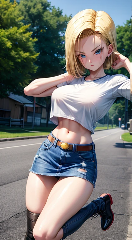 Android 18, ( Full body shot), ( Bokeh effect ), short fitted denim skirt, showing buttocks ), very seductive, seductive pose, blushing, solution, muito solution, ultra high definition, master part, ultra high quality, ultra detailing, 8k, big breasts peeking out from under the top , topless , Android 18 fit body. Wide hips, very short clothes, blonde hair. Piercing in oezon marked