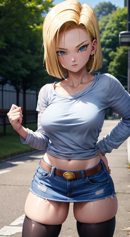 Android 18, ( Full body shot), ( Bokeh effect ), short fitted denim skirt, showing buttocks ), very seductive, seductive pose, blushing, solution, muito solution, ultra high definition, master part, ultra high quality, ultra detailing, 8k, big breasts peeking out from under the top , topless , Android 18 fit body. Wide hips, very short clothes, blonde hair. Piercing in oezon marked