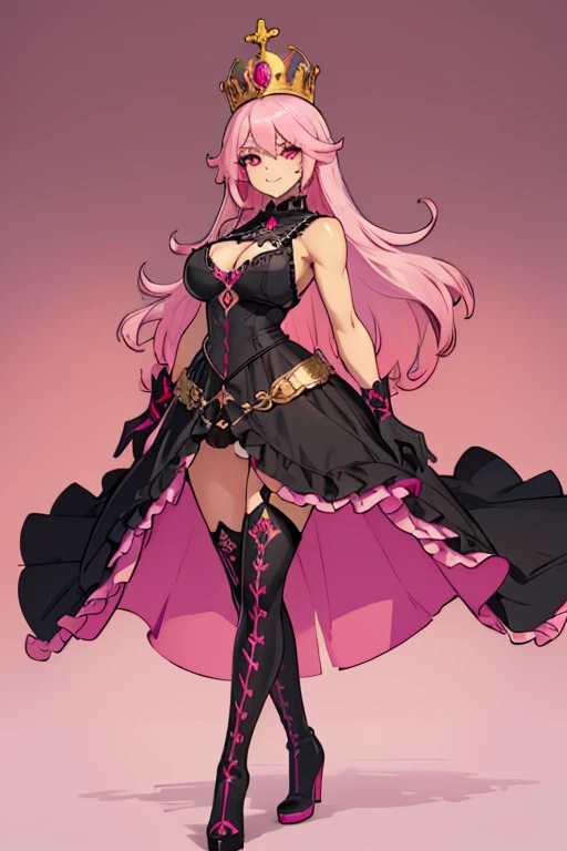 female, silver messy long hair, red eyes, tanned skin, (((1girl))), (((black sleeveless regal dress with pink trim))), (black opera gloves), (pink stockings), (black knee high heeled boots), (gold ornate crown), cute and sexy, full body, big breasts, long legs, smiling, cleavage