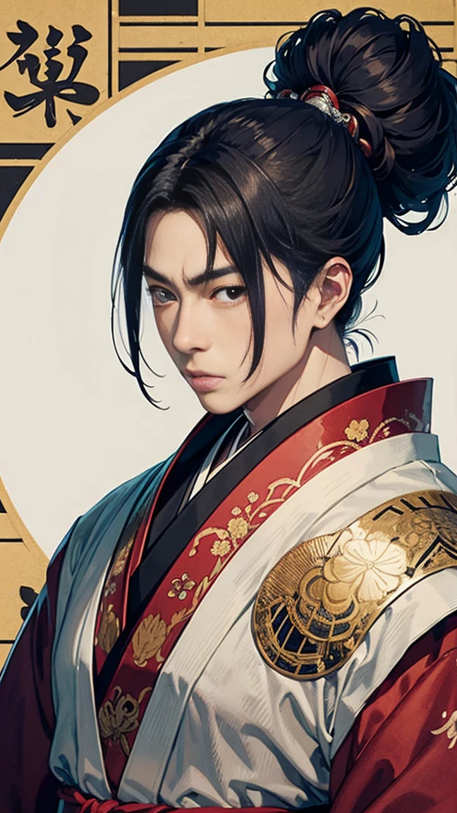 "A detailed image of Toyotomi Hideyoshi, a famous Japanese historical figure, dressed in traditional samurai armor with intricate designs. He has a stern expression, with his topknot hairstyle and a commanding presence. The background should be a traditional Japanese setting, perhaps a castle or a historical battlefield."