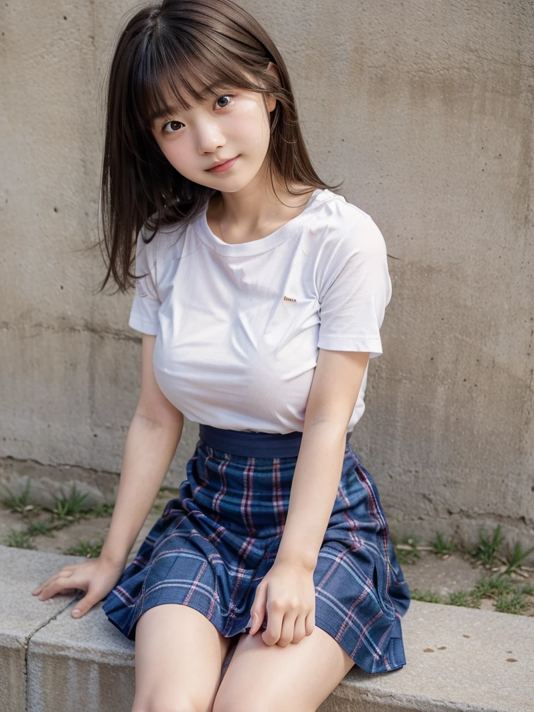 8k,masterpiece,Japanese,****************,from the front,smile,cute,Innocent face,Innocent,Kind eyes,Childish,Plain T-shirt,Short sleeve,Blue checked short skirt,semi-long,Hair blowing in the wind,Black Hair,Somewhat strong wind,noon,bright,Sitting、M-shaped feet, (Large Breasts:1.2),(Emphasize the chest:1.2)