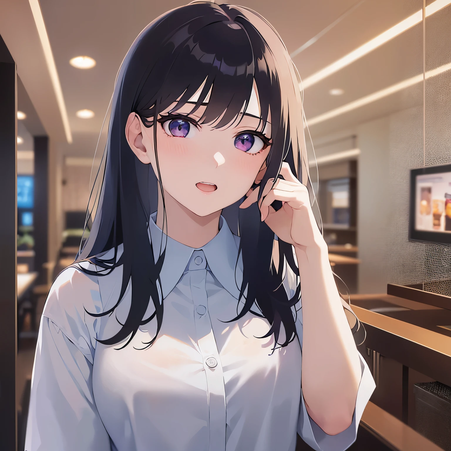 (hand on own face:1.3), Upper Body, Realistic, real person, (pale skin: 1.2), RAW photo, photorealistic, shiny skin, shiny hair、(A 25-year-old woman with straight hair and bangs) and (medium hair) and (black hair) and (purple eyes) ,  (white collared shirt)、(embarrassed:1.3), open mouth, The background is the interior of a restaurant at night.、Alone、Are standing