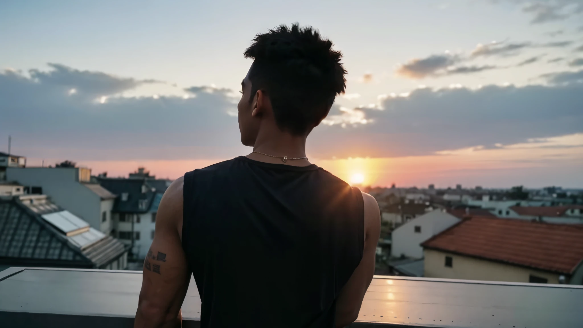 back view, black male, 22 years old, handsome, strong built, in rooftop of his home, looking at sunrise, overlooking houses, cinematic 4k, ultra detailed, hyper realistic