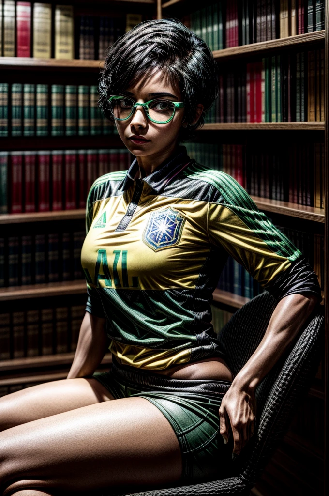 1 latina girl, black hair, short hair, updo hair, Brazil national team shirt, round eyewear, glasses, library, green eyes, solo, leaning towards viewer, black eyeliner