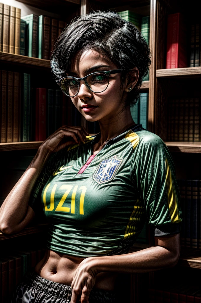 1 latina girl, black hair, short hair, updo hair, Brazil national team shirt, round eyewear, glasses, library, green eyes, solo, leaning towards viewer, black eyeliner