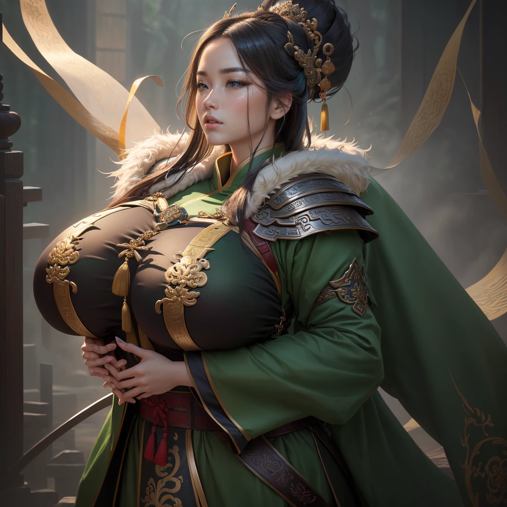 a close up of a man in a green robe, inspired by Dong Yuan, zhao yun, inspired by Cao Zhibai, inspired by Guan Daosheng, inspired by Hu Zaobin, inspired by Huang Shen, inspired by Zhang Sengyao, inspired by Huang Ding, inspired by Wu Bin, inspired by Li Kan, guan yu, Highly detailed CG unit 8k wallpaper, masterpiece, High resolution, highest quality, highest quality real texture skin, Super Real, Digital Painting, Best image quality, 最High resolution, 8k, ((Highly detailed eyes and face, Beautiful eyes every detail)), profile, Saggy breasts, Gravity-dependent breasts, long chest, Heavy chest, disproportionate breasts, huge breasts, sagging breasts, gigantic breasts, erect nipple 