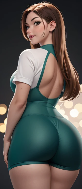 , (best qualityer:1.4),(first Ablaze), body focus, (cute face), work of art, ultrarealistic, (((best qualityer))), ((comely Finger)), , comely body, Gorgeous character design, ,lighting perfeita, colorfully, Ablaze_front_face_lighting, ultra high resolution, high resolution, absurderes:1.2, bokeh:1.2, Lens flare, (Vibrant_colour:1.2), (comely, medium breasts:1.2), (thick-thighs:1.1), thick,
Animated female character, curvy body, full body, sideways, brown hair, Pale skin, Round face, kind smile, tthin eyebrows, ((wearing ultra tight lycra shorts and black)), fitted shorts, silver necklace with pendant, wrinkles, Red lips, long hair, big ass view, ((show your ass)), ((view from the back)), shot from behind, keep the same proportions, showing thighs