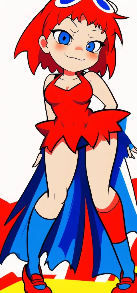 [less8 Pacman ghost], ((Masterpiece)), ((High Definition)), ((high quality)), ((detailed shading)), ((beautiful rendering art)), ((solo portrait)), ((whole body)), ((front view)), ((intricate details)), standing, by Pixelsketcher, dress, Blue eyes, Red hair, red dress, short hair, BIG BREASTS, short dress, shoes, red shoes, defined neckline, sleeveless dress,(Blue socks), human,hair ornament, White background, Alone, hands on the hips, blushing, wicked smile  