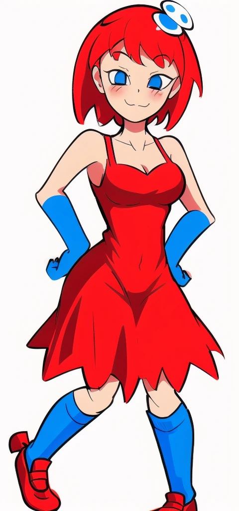 [less8 Pacman ghost], ((Masterpiece)), ((High Definition)), ((high quality)), ((detailed shading)), ((beautiful rendering art)), ((solo portrait)), ((whole body)), ((front view)), ((intricate details)), standing, by Pixelsketcher, dress, Blue eyes, Red hair, red dress, short hair, BIG BREASTS, short dress, shoes, red shoes, defined neckline, sleeveless dress,(Blue socks), human,hair ornament, White background, Alone, hands on the hips, blushing, wicked smile  