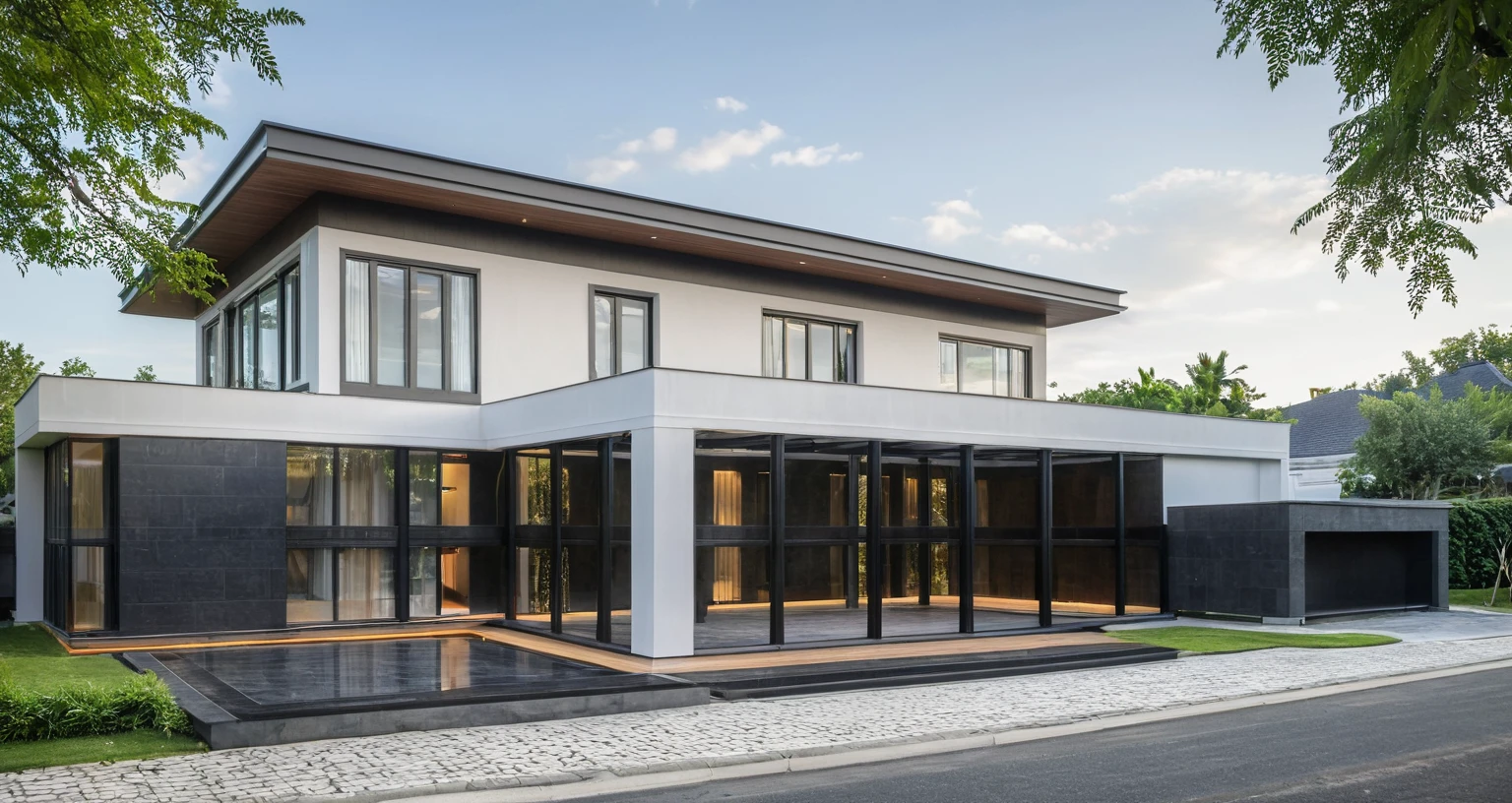 modern villa on the street, (day light), arbre tropical, (sloping roof, black tile roof:1.2), Couleur vive, paysages de rue, beautiful sky, ton gris, Large glass door, Warm interior lighting, modern equipment, best quality, ultra realistic, head of&#39;artwork, 17archiai_Xl_VL-v1
