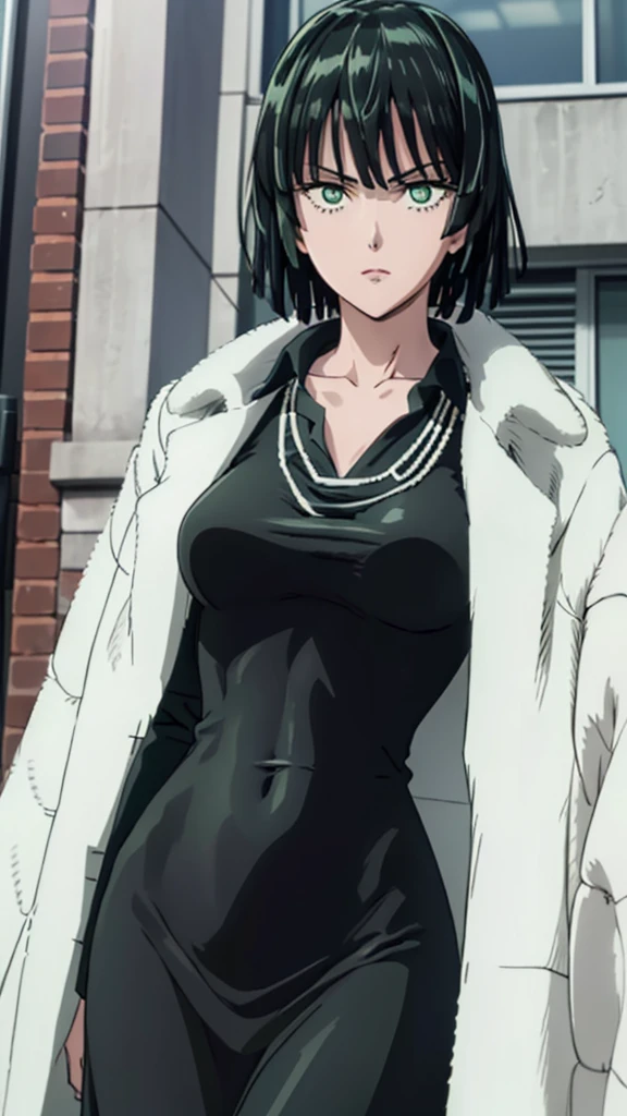 (((pixel-perfect, detail-perfect))), solo, 1girl, fubuki, fur coat, collared dress, collarbone, necklace, looking at viewer, closed mouth