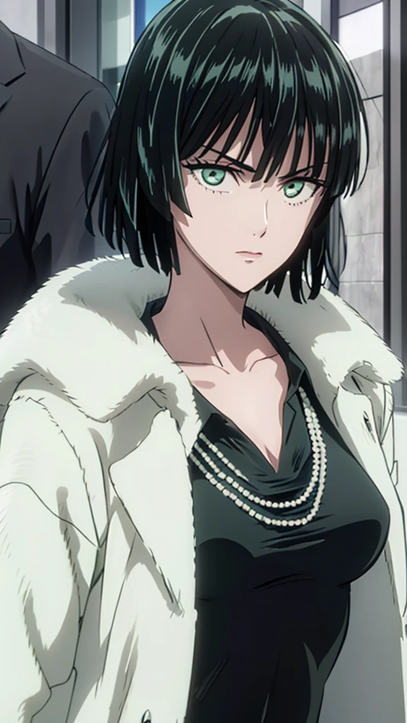(((pixel-perfect, detail-perfect))), solo, 1girl, fubuki, fur coat, collared dress, collarbone, necklace, looking at viewer, closed mouth