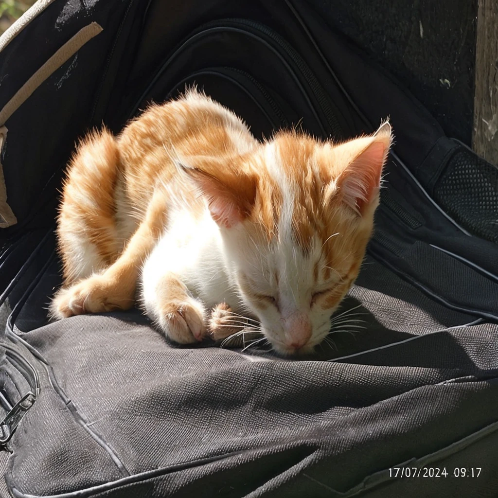 create a 3D image of a white and orange kitten sleeping on a black bag in the morning sunlight. Create details about the morning atmosphere.
