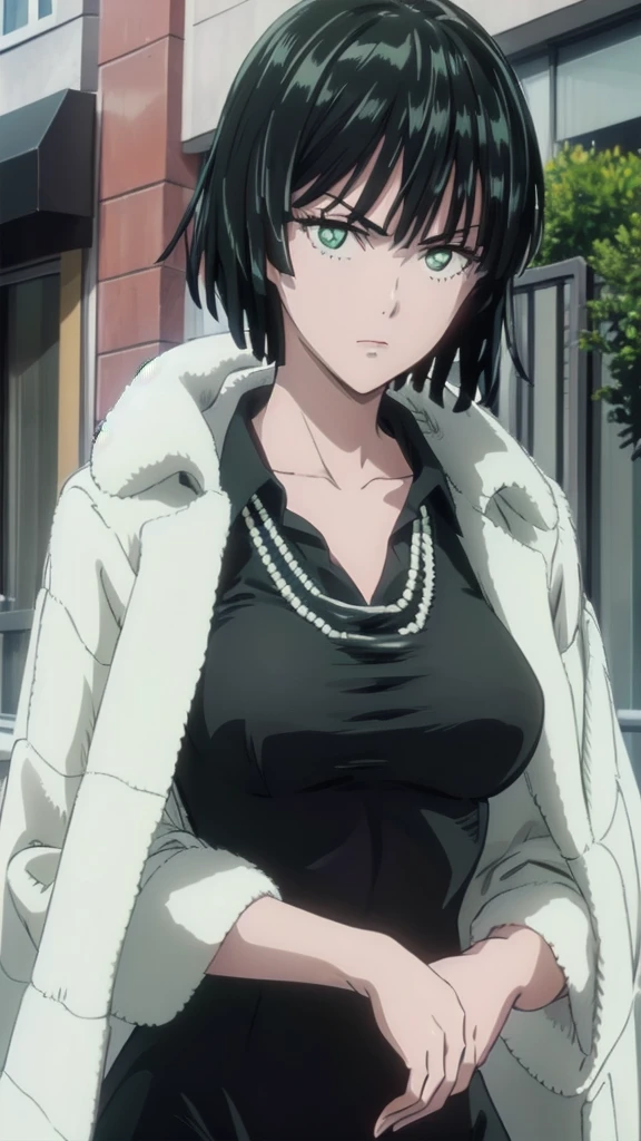 (((pixel-perfect, detail-perfect))), solo, 1girl, fubuki, fur coat, collared dress, collarbone, necklace, looking at viewer, closed mouth
