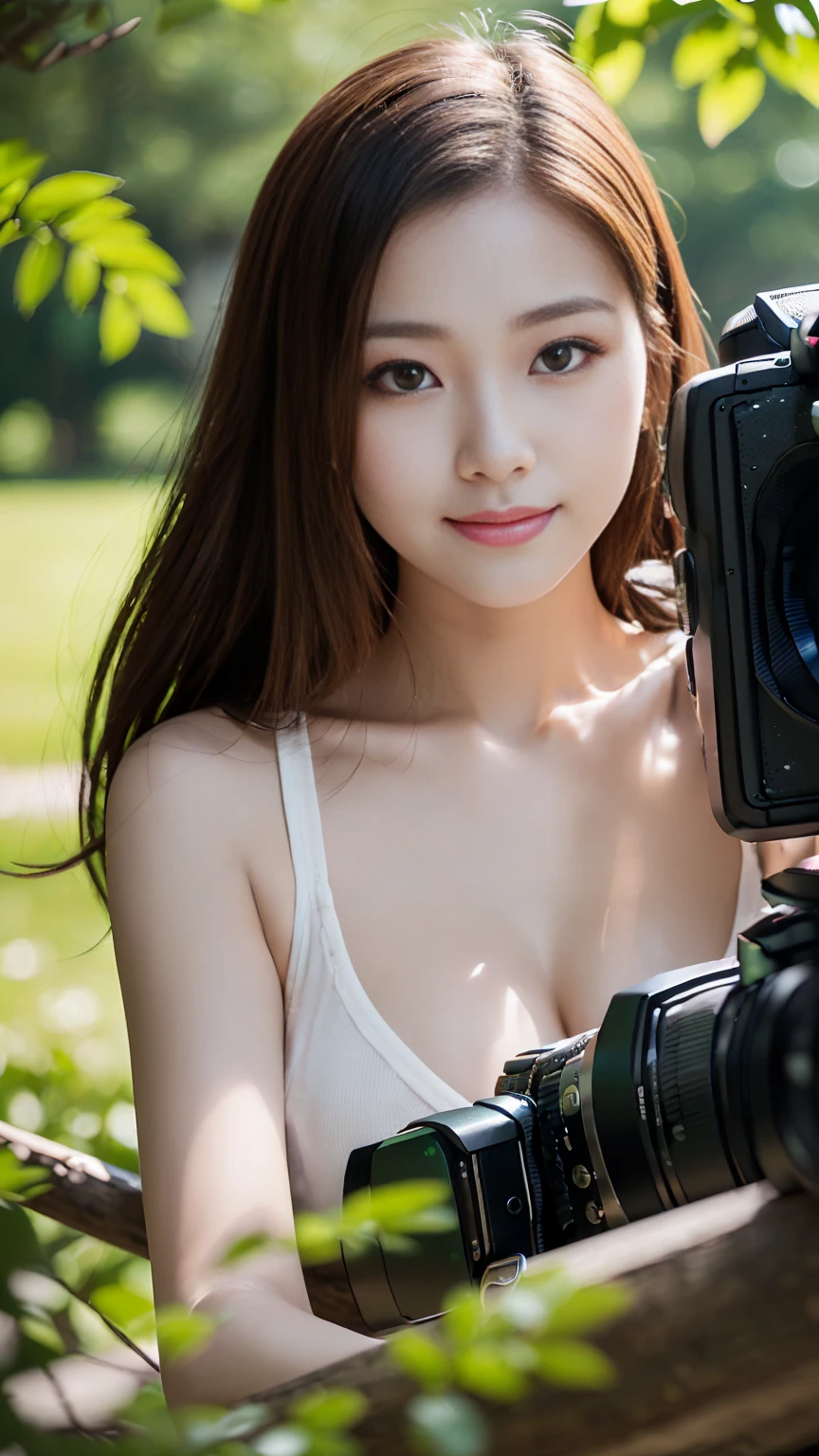 ((((masterpiece、Highest quality、High resolution、Tabletop、wallpaper、Realistic、Bright lighting、Professional Lighting、Face Light、Smooth lighting、Japanese women、Beautiful woman、action、gravure、sexy、so beautiful、Beautiful Skin、Beautiful and exquisite、Detailed face、slim、Looking into the camera、Cleavage))))、((Big Breasts:1.4))、((((japanese,20-years-old,One woman,outdoors,Looking into the camera:1.5)))),smile,close mouth