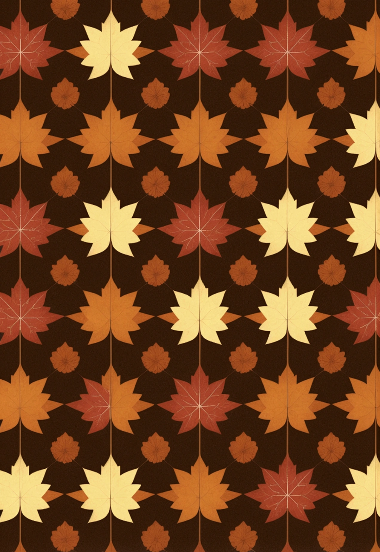 a seamless autumn tartan pattern designed for tiling, featuring symmetrical stripes in orange, yellow, brown, and red. Integrate autumn leaves naturally blended with the tartan stripes. The design should evoke a warm and cozy feel, reminiscent of the fall season, with the leaves adding a natural touch to the traditional tartan look. Ensure the pattern is symmetrical and evenly spaced, allowing for perfect alignment when tiled. The overall aesthetic should be detailed and visually appealing, with a harmonious blend of colors and textures.
