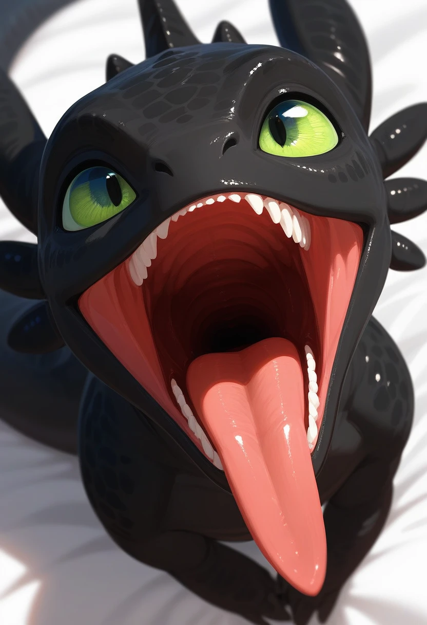 Solo, score_9,score_8_up score_7_up, source_furry, anthro, male, Toothless dragon, black scales, sitting, on a bed, (high angle shot:1), close up, close up on face, wide mouth, open mouth, tongue out, (extreme close up focus on mouth:1.1), focus on mouth, tongue, uvula, macro shot, looking up at viewer, looking upwards at viewer, green eyes,