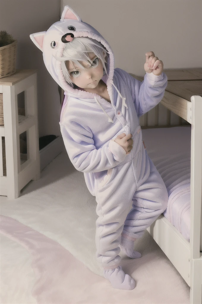 An anime image of a age boy with white hair wearing a diaper in a large nursery. teething ring, ((playing with toys)), (wearing cat hoodie-footie pjs), (((wearing a diaper))), nighttime accident, stuffed animals, ((1boy)), best quality, extremely detailed, highly detailed, masterpiece, soft lighting, warm colors, pastel colors, (well drawn fingers), hood up,