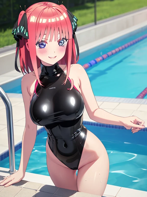 best quality, insanely detailed, nino nakano, black latex swimsuit, breasts, blush, swimming pool background, smile, pussy, highleg latex leotard