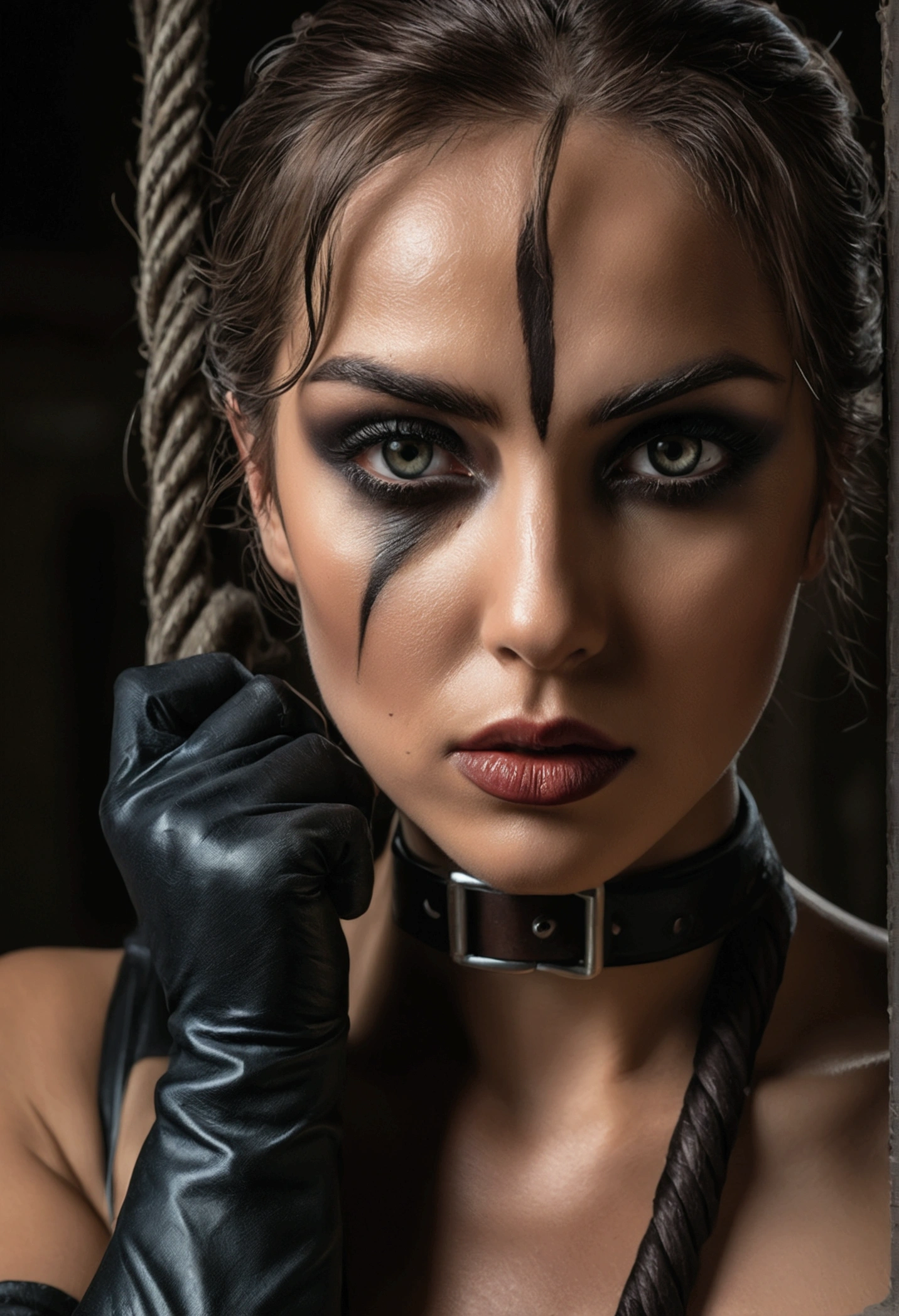 (highest quallity,4K,8k,high resolution,work of art:1.2),super verbose,(realisitic,photorealisitic,photo-realisitic:1.37),full body wide photo,dangerous situation,((some villains)),tie one'arms behind one'is back,Being raped,restrained,dominant,brutal,concentrated,uneasy,painful,detailed and beautiful eyes,dense and beautiful lips,Highly Detailed Eyes and Face,long eyelashes,provocative expression,confident attitude,Severe expression,uniforme sexy,tight handcuffs,Tied with a rope,dark and bumpy atmosphere,mysterious lighting,mysterious shadow,dilapidated warehouse,tension in the air,dramatic angle,Highlighted facial features,exchange of power between captives and captives,Emotional Confusion,strong emotions,fear and determination,rough texture,contrasting colours,deep and concentrated color tones,dramatic chiaroscuro lighting,calm color palette,temperamental atmosphere.