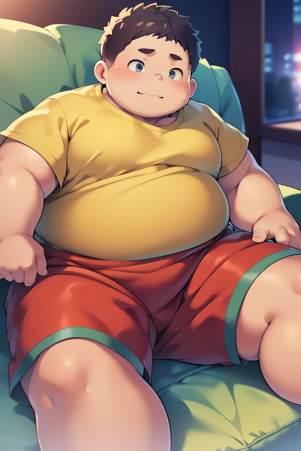 a chubby boy, cute, sitting on a couch, sweating, wearing shorts and t-shirt, overweight, childlike, shy, (best quality,4k,8k,highres,masterpiece:1.2),ultra-detailed,(realistic,photorealistic,photo-realistic:1.37),HDR,UHD,studio lighting,ultra-fine painting,sharp focus,physically-based rendering,extreme detail description,professional,vivid colors,bokeh,digital painting,3D render,warm lighting,cozy atmosphere,detailed facial features,expressive eyes,blushing cheeks,plump body,relaxed posture