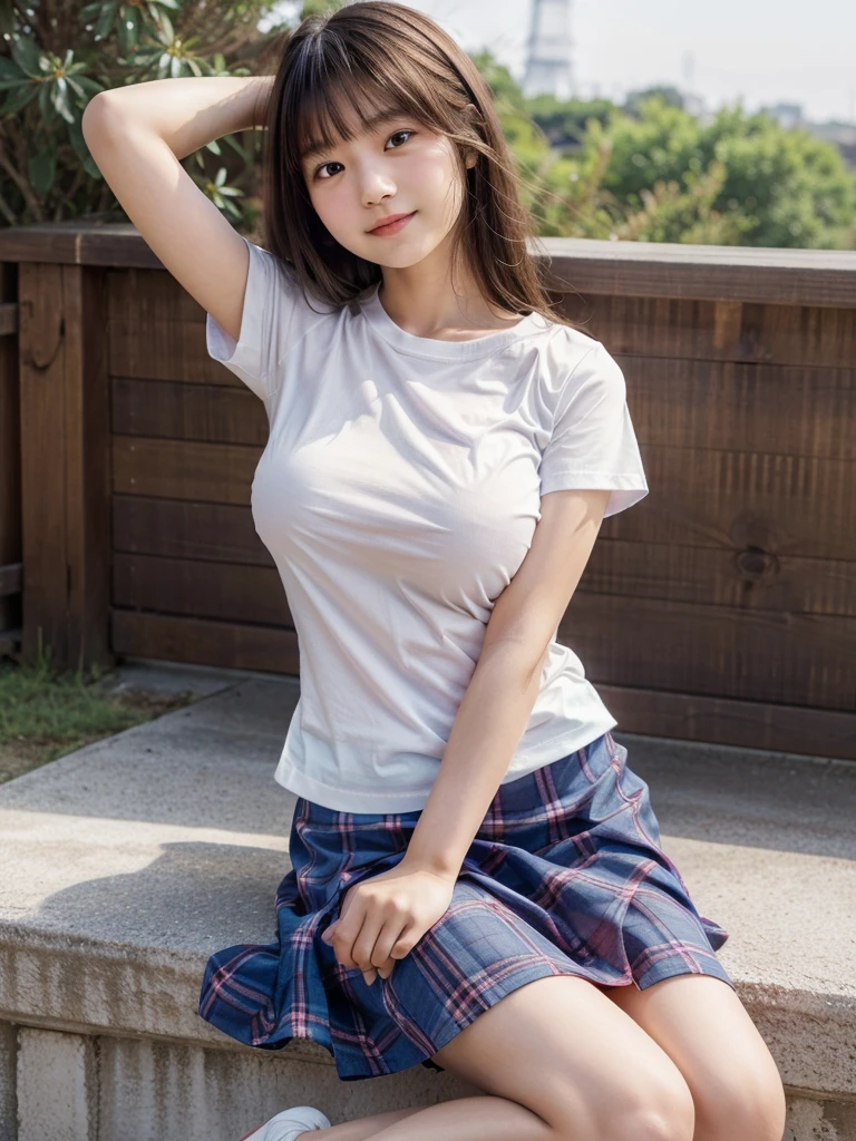 8k,masterpiece,Japanese,12-year-old girl,from the front,smile,cute,Innocent face,Innocent,Kind eyes,Childish,Plain T-shirt,Short sleeve,Blue checked short skirt,semi-long,Hair blowing in the wind,Black Hair,Somewhat strong wind,noon,bright,Sitting、M-shaped feet, (Large Breasts:1.2),(Emphasize the chest:1.2)