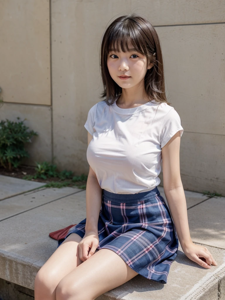 8k,masterpiece,Japanese,12-year-old girl,from the front,smile,cute,Innocent face,Innocent,Kind eyes,Childish,Plain T-shirt,Short sleeve,Blue checked short skirt,semi-long,Hair blowing in the wind,Black Hair,Somewhat strong wind,noon,bright,Sitting、M-shaped feet, (Large Breasts:1.2),(Emphasize the chest:1.2)