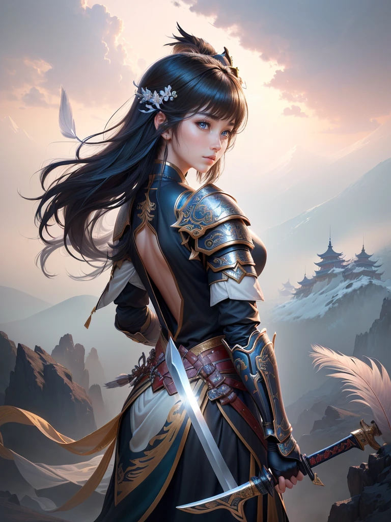 a woman in armor holding a sword and a feather, zhao yun, by Ju Lian, by Qu Leilei, chinese warrior, inspired by Shen Zhou, inspired by Li Mei-shu, by Li Zai, g liulian art style, a beautiful woman warrior, inspired by Li Rongjin, inspired by Ju Lian, beautiful character painting, xianxia hero, Highly detailed CG unit 8k wallpaper, masterpiece, High resolution, highest quality, highest quality real texture skin, Super Real, Digital Painting, Best image quality, 最High resolution, 8k, ((Highly detailed eyes and face, Beautiful eyes every detail)), smile, black hair, (profile, Backless clothing), Big Ass,