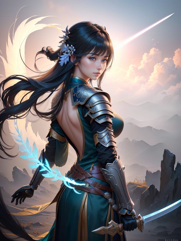 a woman in armor holding a sword and a feather, zhao yun, by Ju Lian, by Qu Leilei, chinese warrior, inspired by Shen Zhou, inspired by Li Mei-shu, by Li Zai, g liulian art style, a beautiful woman warrior, inspired by Li Rongjin, inspired by Ju Lian, beautiful character painting, xianxia hero, Highly detailed CG unit 8k wallpaper, masterpiece, High resolution, highest quality, highest quality real texture skin, Super Real, Digital Painting, Best image quality, 最High resolution, 8k, ((Highly detailed eyes and face, Beautiful eyes every detail)), smile, black hair, (profile, Backless clothing), Big Ass, 