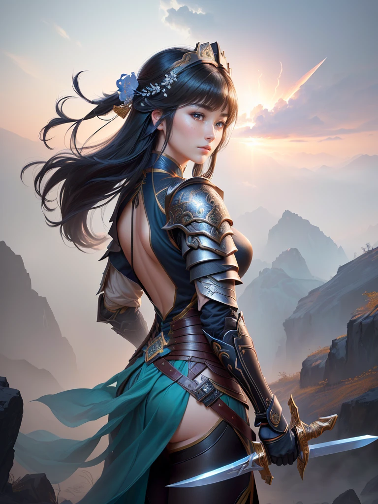 a woman in armor holding a sword and a feather, zhao yun, by Ju Lian, by Qu Leilei, chinese warrior, inspired by Shen Zhou, inspired by Li Mei-shu, by Li Zai, g liulian art style, a beautiful woman warrior, inspired by Li Rongjin, inspired by Ju Lian, beautiful character painting, xianxia hero, Highly detailed CG unit 8k wallpaper, masterpiece, High resolution, highest quality, highest quality real texture skin, Super Real, Digital Painting, Best image quality, 最High resolution, 8k, ((Highly detailed eyes and face, Beautiful eyes every detail)), smile, black hair, (profile, Backless clothing), Big Ass, 