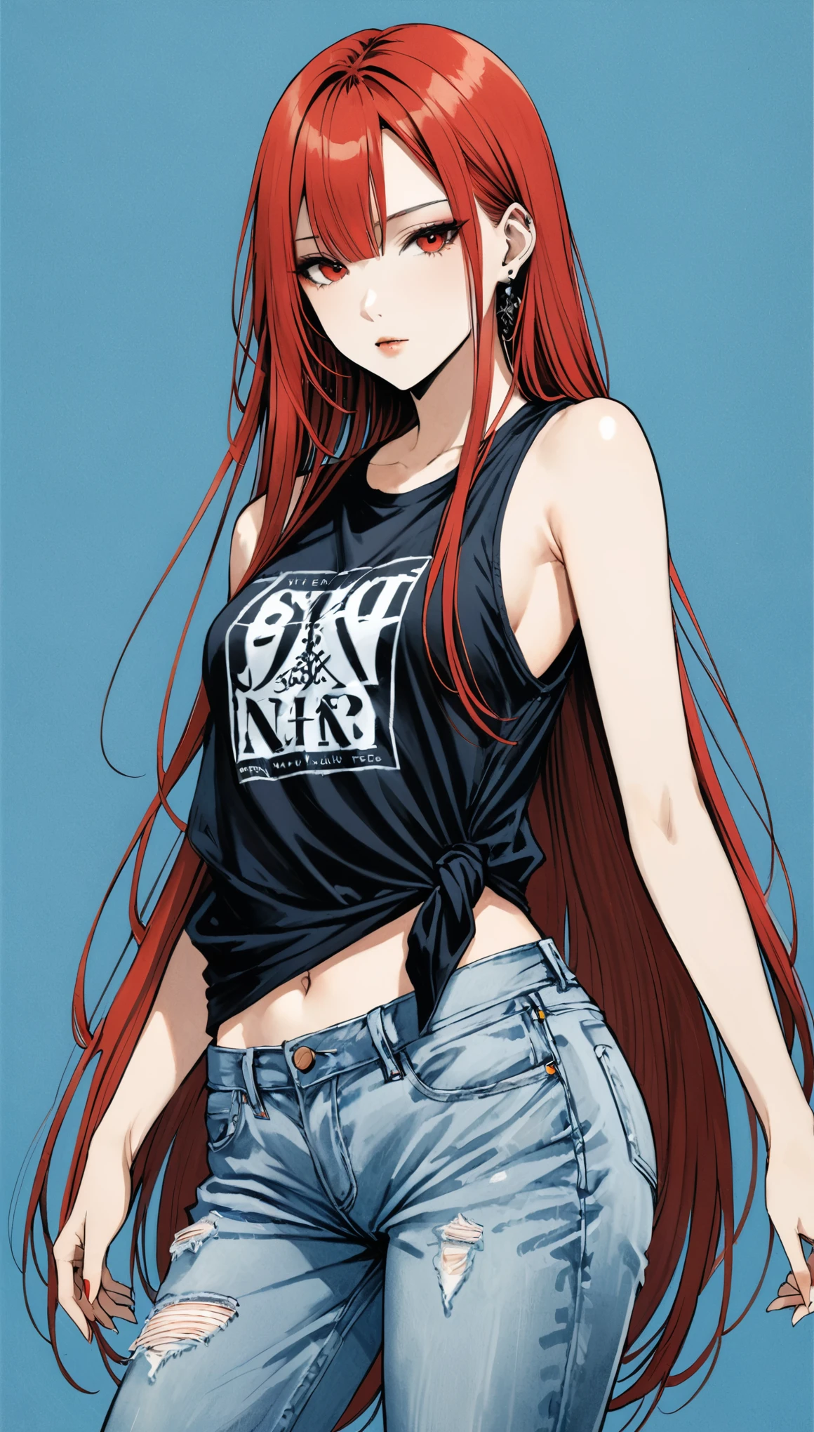 in style of Santiago Caruso,1girl,独奏,Blue Background,oversize ,Hip-hop style,Black plaid sleeveless T-shirt,T-shirt hem knot,Showing off the delicate abdomen,jeans的纽扣解开一颗,jeans,One hand behind your back,looking at viewer,(Soft and straight long hair:1.5)Red long hair,Simple style,wide angle,