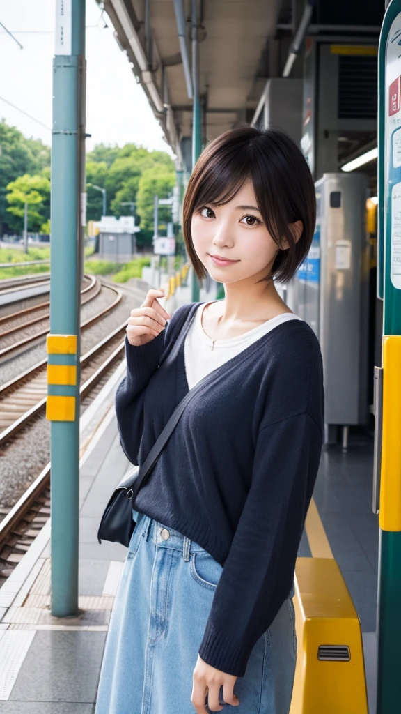 A Japanese woman with a pure and innocent image。There is a beautiful woman with short straight hair.。Waiting for the train